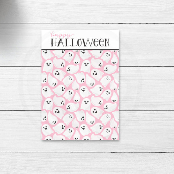 printable pink happy halloween ghost mini cookie card, halloween note card bag topper