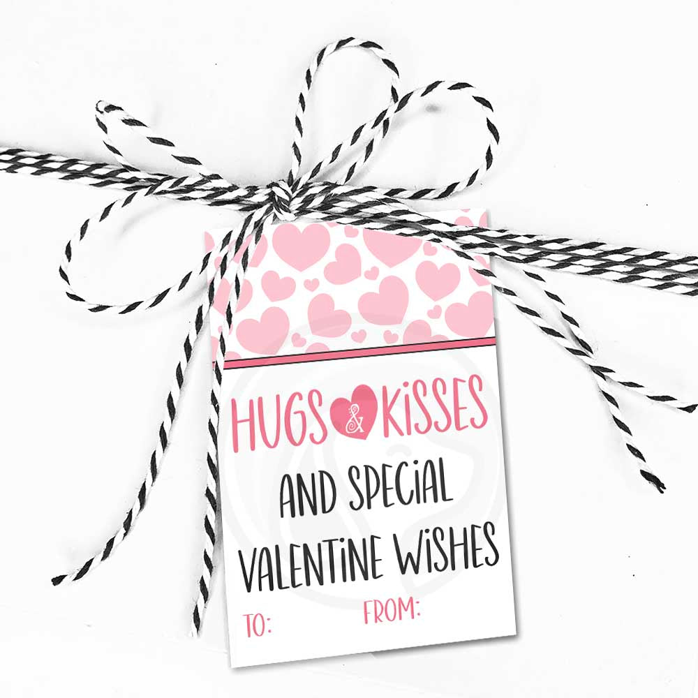 printable hugs and kisses valentine wishes gift tags, valentine's day printable gift tab cookie bag topper