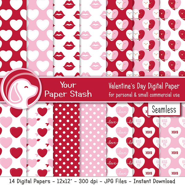 pink and red valentines day digital scrapbook paper, heart backgrounds, valentine craft supplies