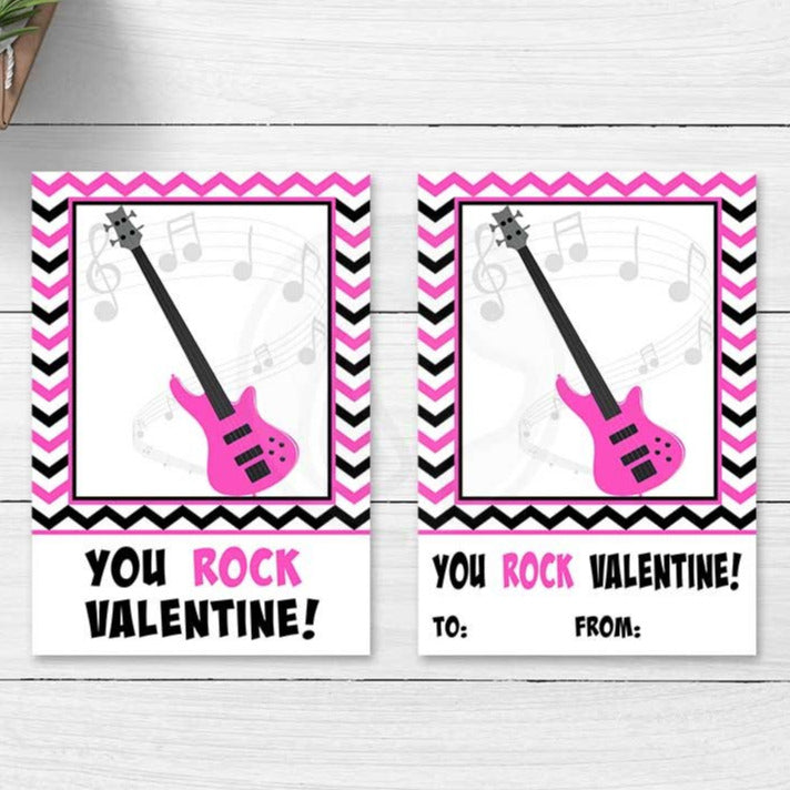 hot pink you rock valentine printable cookie card tag electric guitar kids valentine craft project classroom party