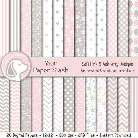 pink gray digital scrapbook paper baby bridal shower paper