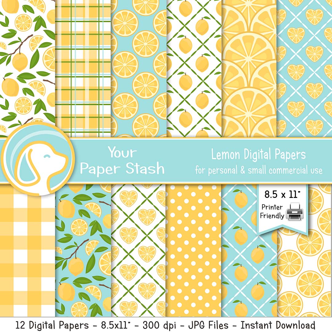 printable lemon digital scrapbooke paper, lemonade digital paper pack, lemon backgrounds, lemon patterns