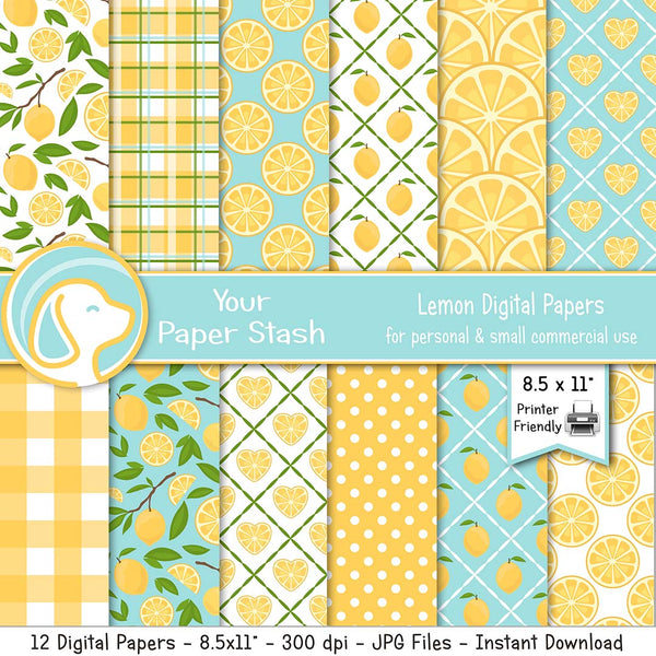 printable lemon digital scrapbooke paper, lemonade digital paper pack, lemon backgrounds, lemon patterns