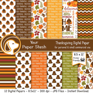 Printable Thanksgiving digital scrapbook papers with turkeys pilgrim hats autumn leaves