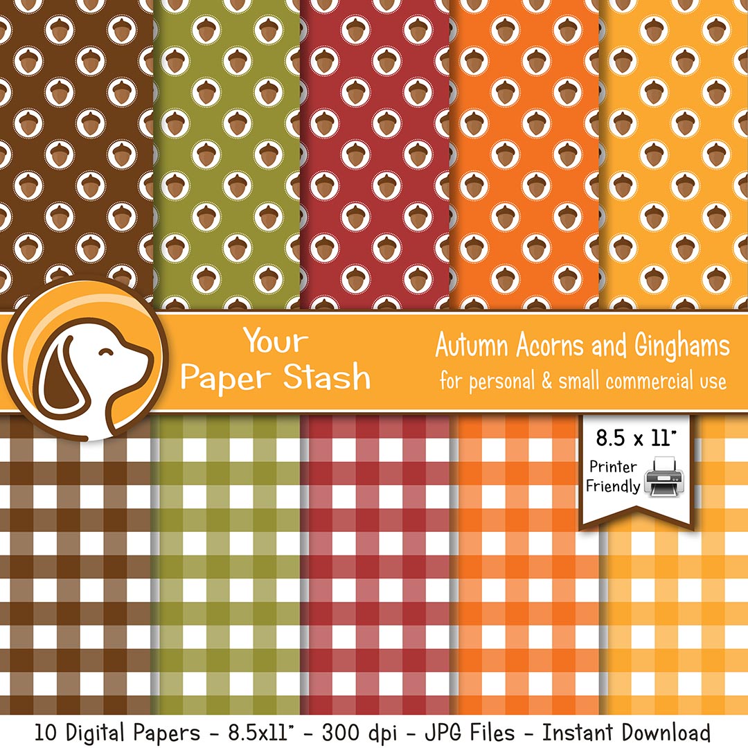 printable fall acorn and gingham digital scrapbook papers in harvest gold olive green orange cranberry and brown colors