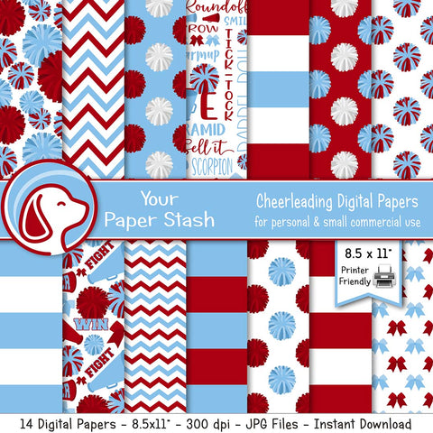 printable cheerleader digital scrapbook papers, light blue red cheerleading digital papers