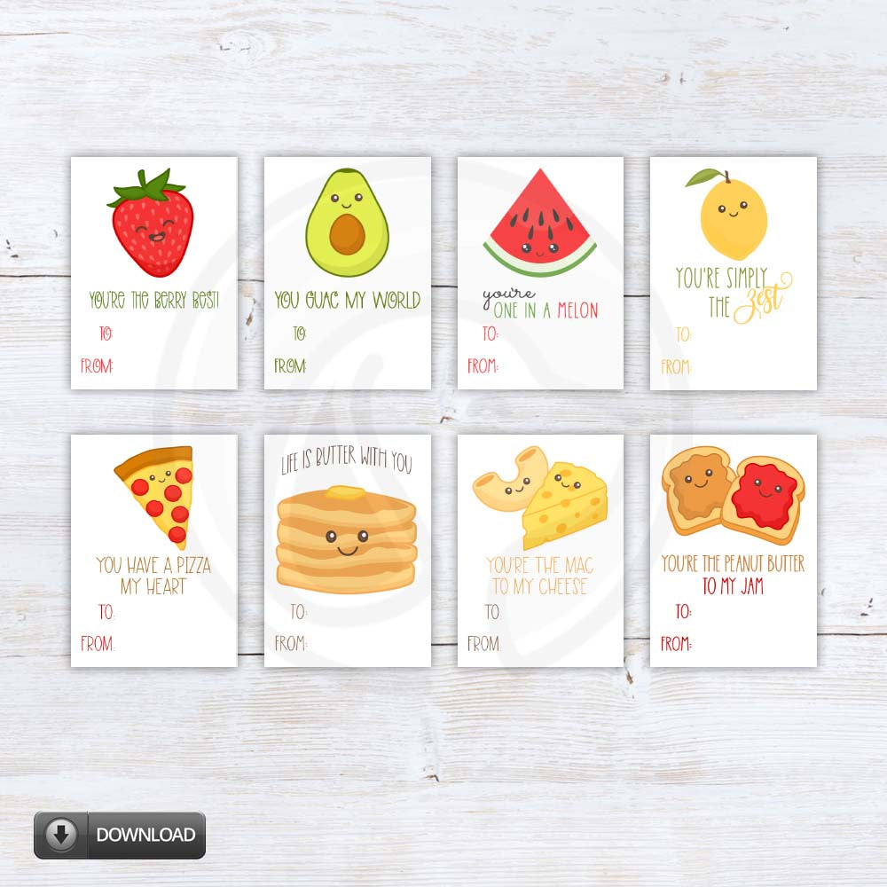 printable food pun kids valentines day cards