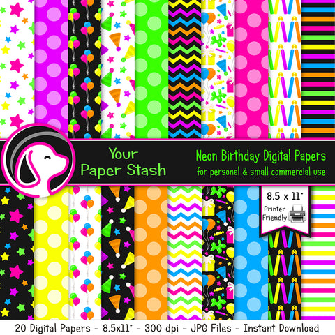 printable neon digital papers, neon birthday printable paper banner backgrounds.