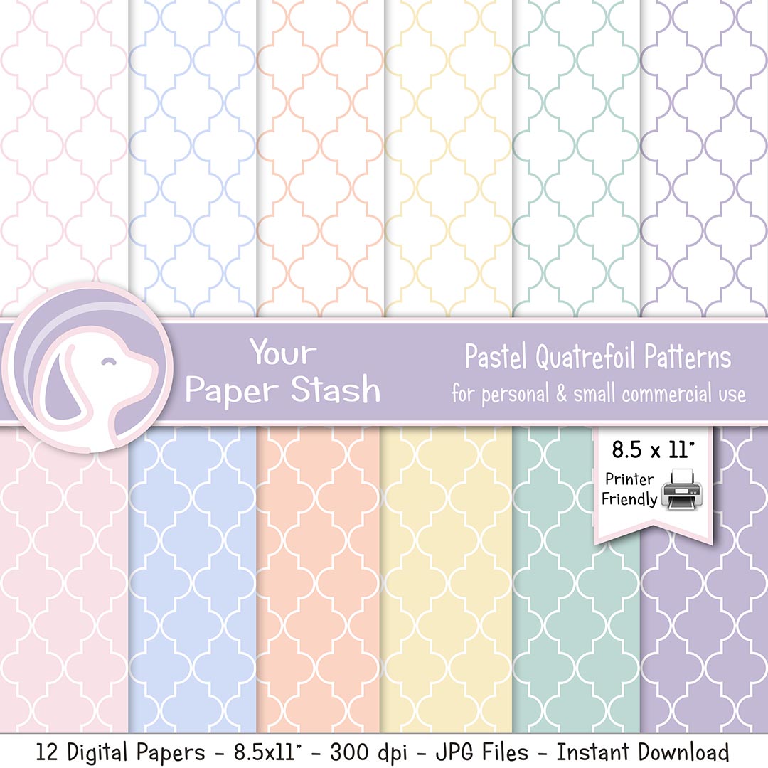 printable pastel quatrefoil digital paper pack, pastel digital papers, baby shower printables