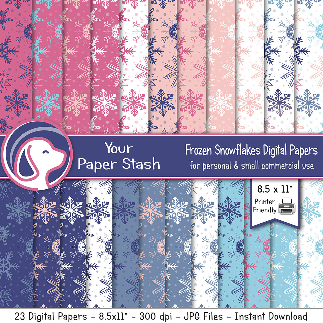 printable pink blue snowflake winter digital stationery paper