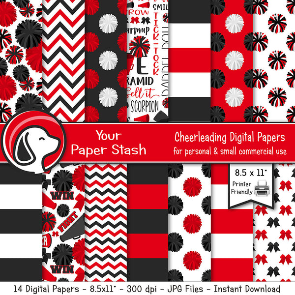 red black cheerleader digital paper pack with pom poms megaphones hair bow stripe designs