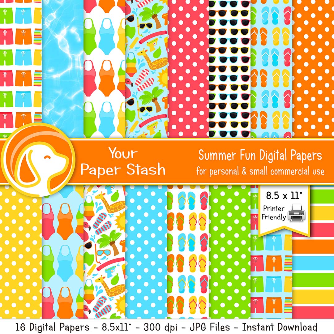 printable summer pool party digital paper pack, summer scrapbook paper