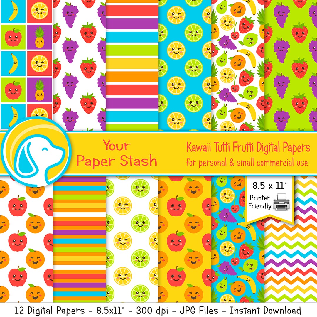 printable kawaii tutti frutti fruit digital scrapbook paper background patterns