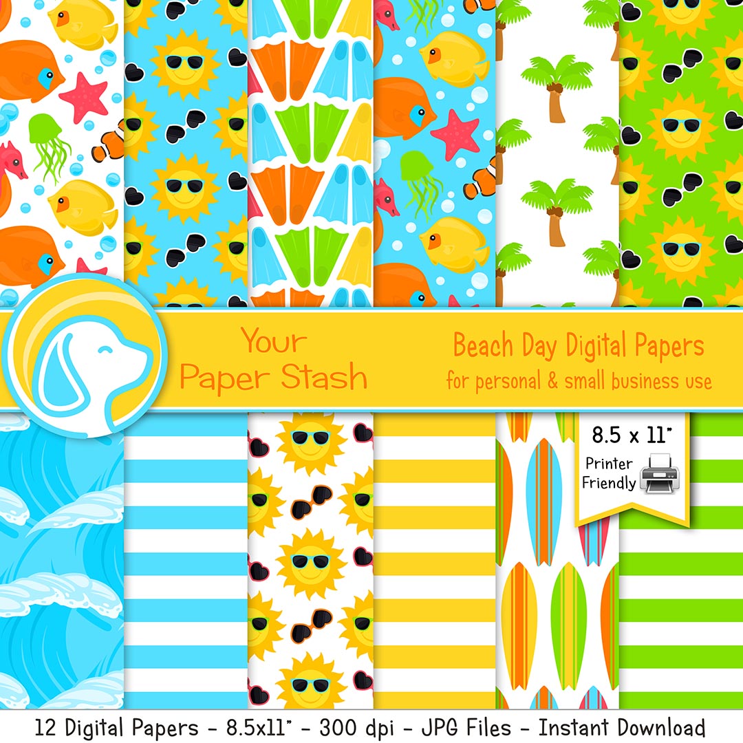 printable summer digital papers with fish waves surfboards 