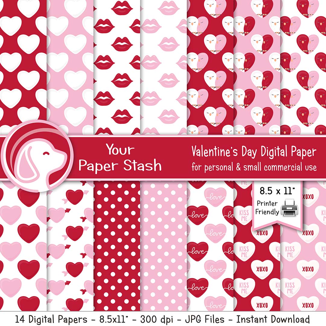 valentine's day digital scrapbook paper, heart lips kiss lovebird digital paper backgrounds, valentine craft projects, diy printable valentine