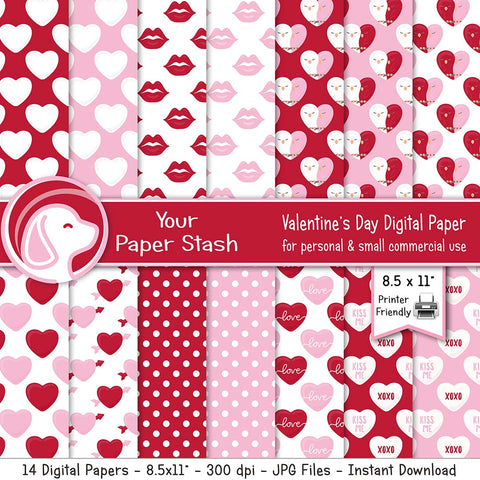 valentine's day digital scrapbook paper, heart lips kiss lovebird digital paper backgrounds, valentine craft projects, diy printable valentine