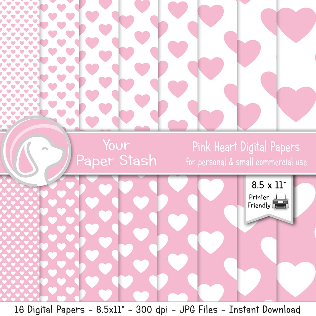 printable pink heart digital paper backgrounds, valentine's day decoupage paper