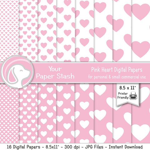 printable pink heart digital paper backgrounds, valentine's day decoupage paper