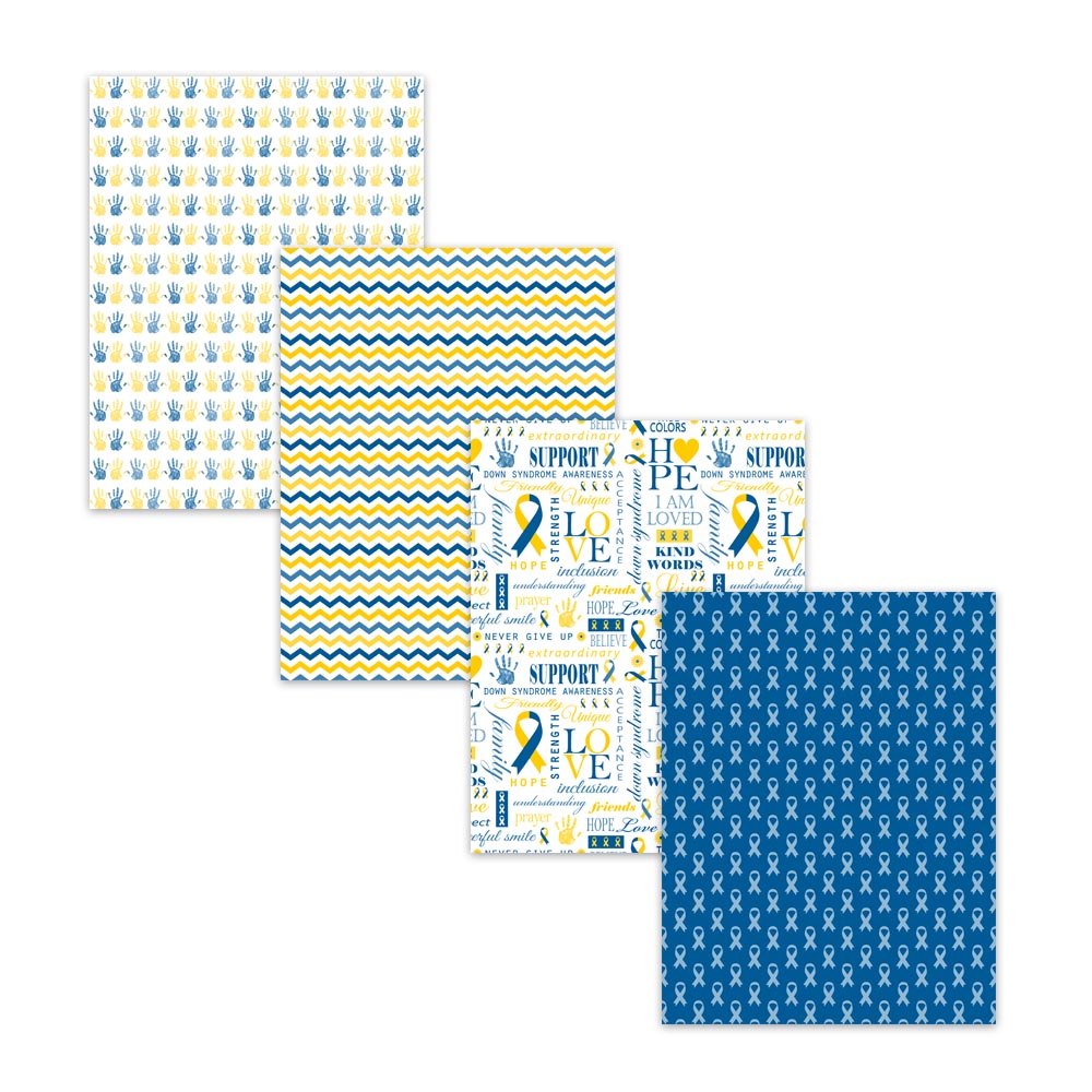 Down syndrome awareness digital paper pack with blue and yellow ribbon patterns and inclusion themed backgrounds