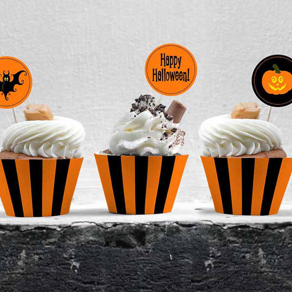 printable cupcake wrappers and toppers for halloween party black orange stripe pumpkin bats