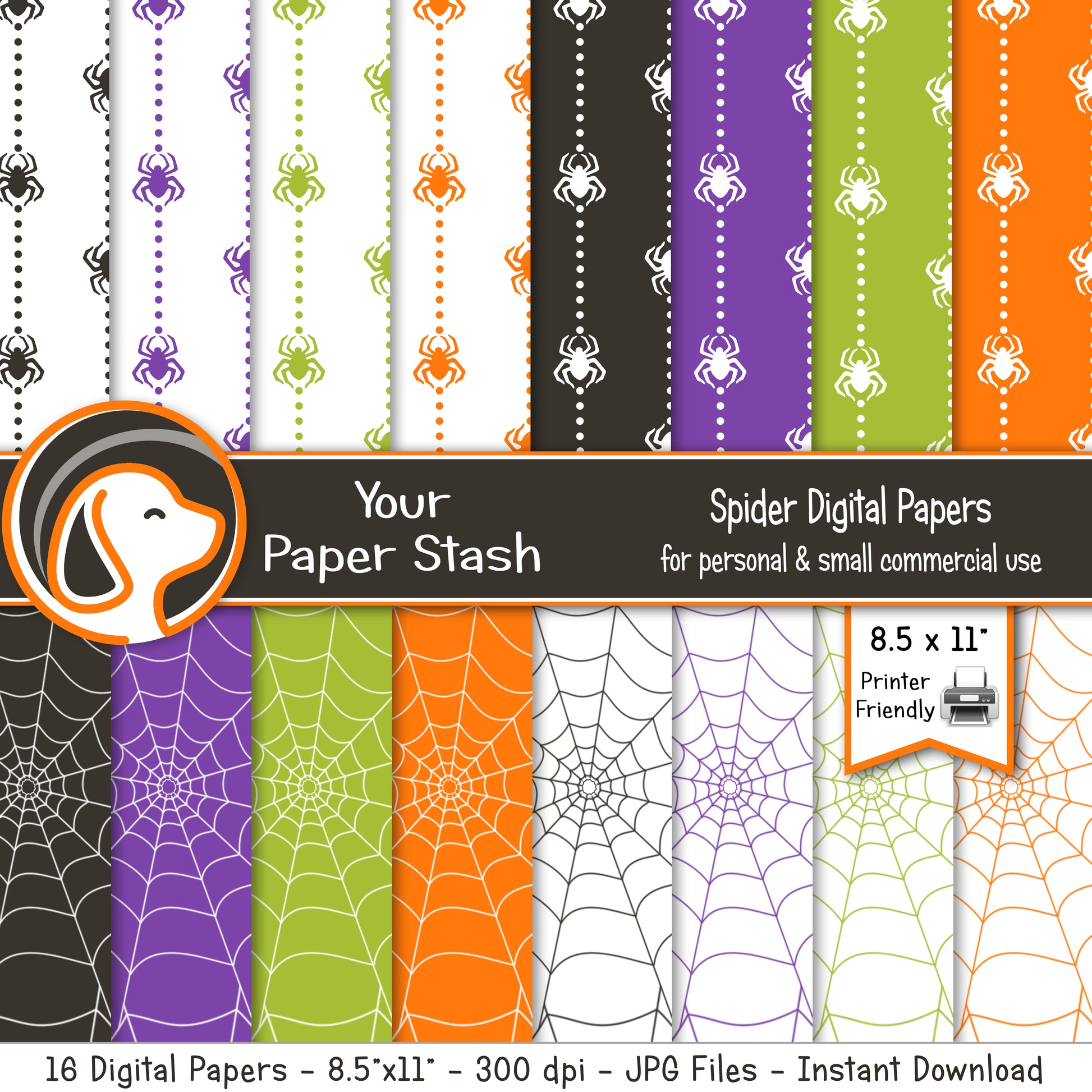 halloween printable spiders spider web digital paper backgrounds craft supplies planner backgrounds orange lime green purple black
