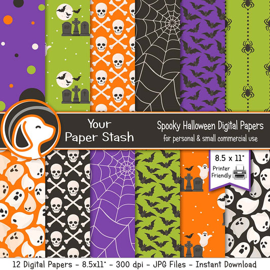 printable halloween digital scrapbook paper backgrounds ghost skull crossbones spider web clipart clip art backgrounds decoupage paper craft supplies