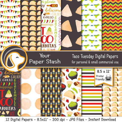 printable taco tuesday digital scrapbook papers backgrounds burrito chipps salsa beer margarita guacamole banner craft supplies