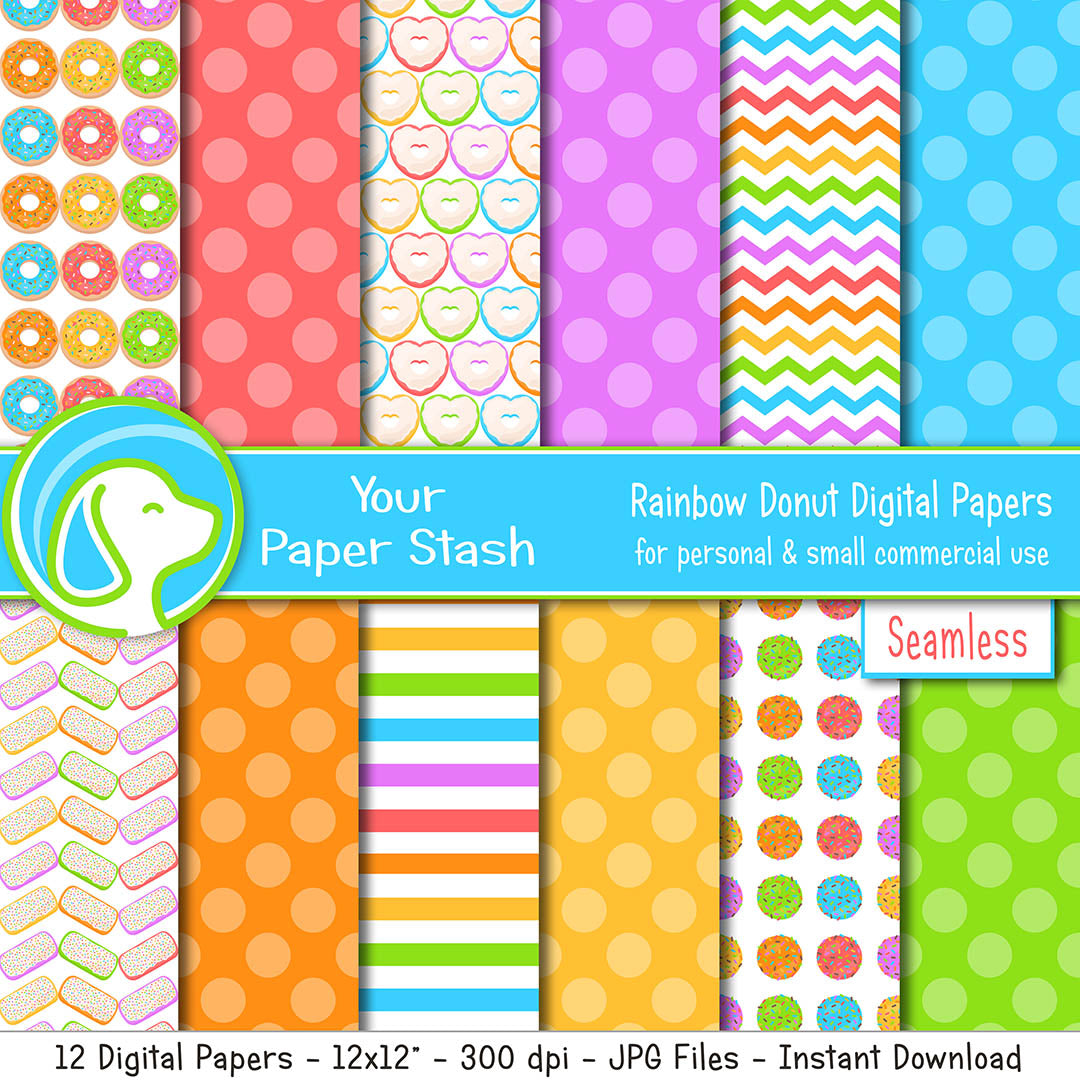 Rainbow Donut Themed Digital Scrapbook Papers and Backgrounds, Doughnut Digital Paper for Scrapbooking and Card Making