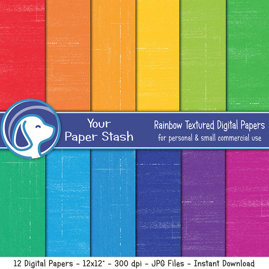 Rainbow textured digital paper pack with bright distressed color backgrounds for scrapbooking, classroom design, and printable projects
