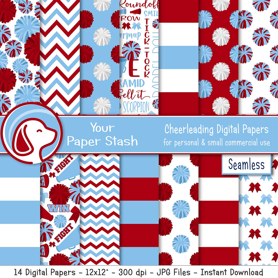 seamless cheerleading digital background patterns, cheerleader digital scrapbook pages