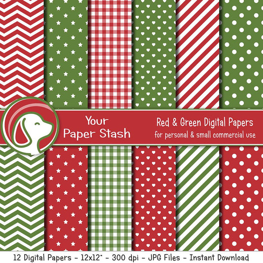 Red & Green Digital Paper Pack for Christmas Scrapbooking Pages