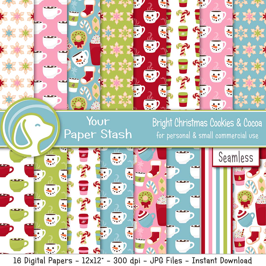 retro christmas cookie cocoa hot chocolate digital scrapbook scrapbooking paper pack download pink blue lime green red cookie clipart westfield indiana small business art graphics
