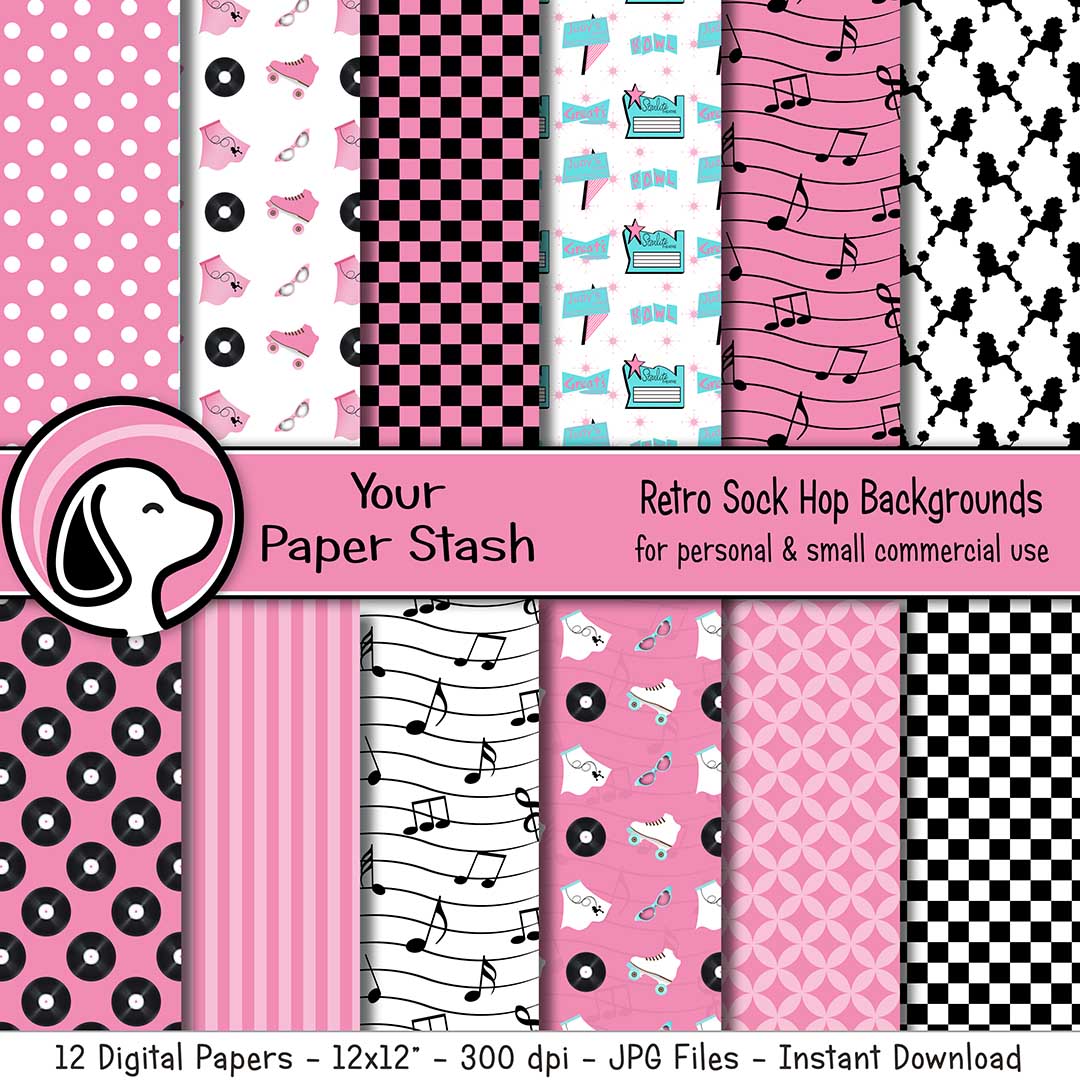 Retro sock hop digital paper pack with vinyl records roller skates music notes checkerboard and pink 1950s scrapbook backgrounds
