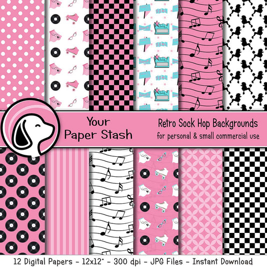 Retro sock hop digital paper pack with vinyl records roller skates music notes checkerboard and pink 1950s scrapbook backgrounds