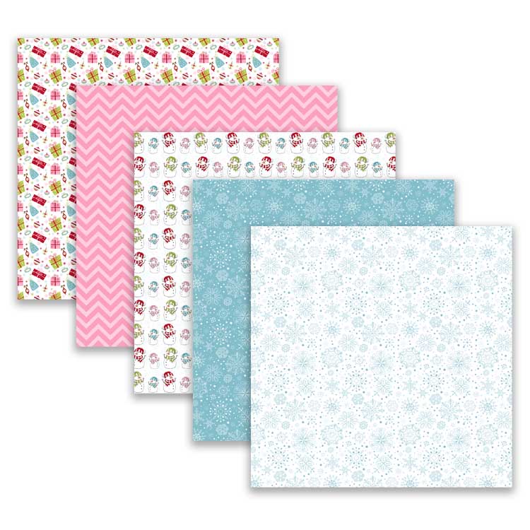 pink and blue scrapbook paper snowman presents snowflakes