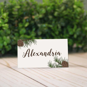 Woodsy Christmas Place Cards With Pine Cones for Rustic Barn Weddings & Dinner Parties