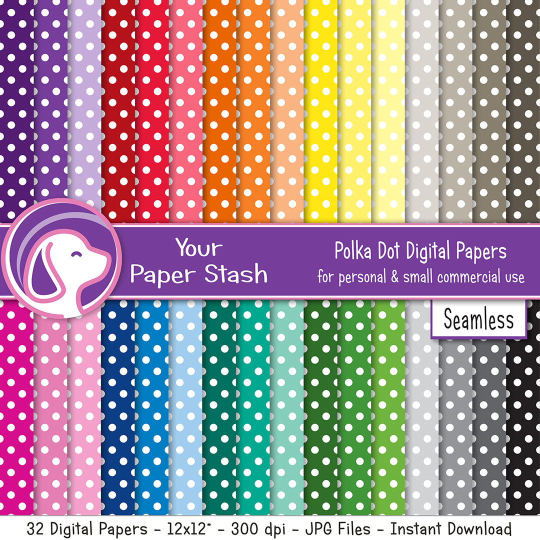 seamless polka dot digital paper backgrounds, polka dot scrapbook papers, rainbow digital paper pack