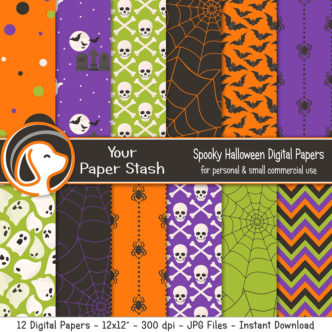hallowen digital scrapbook paper designs ghosts cemetery skull crossbones spiders spider web backgrounds chevrons 