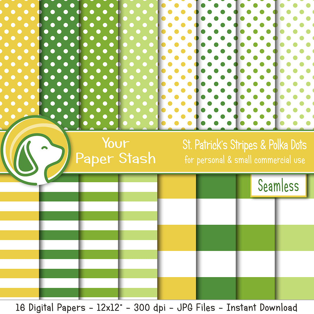 seamless st. patrick's day digital paper patterns, seamless green yellow polka dot and stripe scrapbooking paper