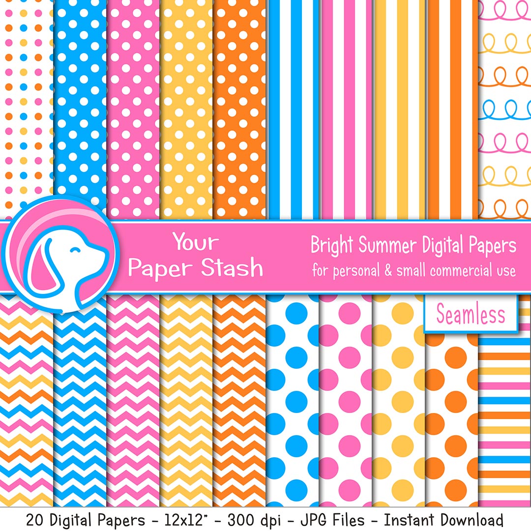 bright summer digital scrapbook paper polka dots stripes rainbow birthday party scrapbooking pages paper instant download commercial use