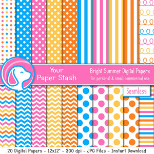 bright summer digital scrapbook paper polka dots stripes rainbow birthday party scrapbooking pages paper instant download commercial use