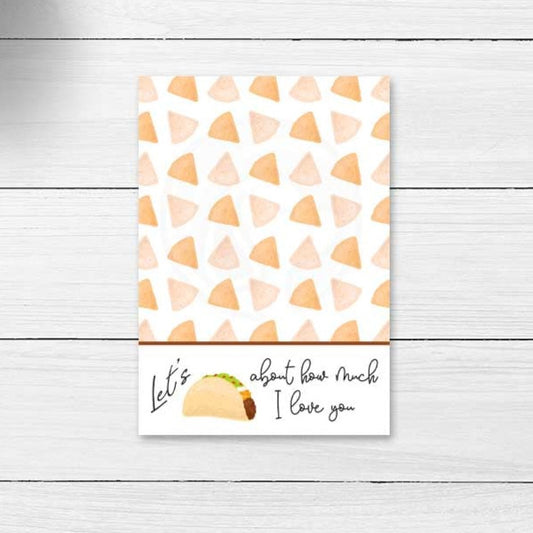 let's taco about how much i love you printable valentine's day cookie card, valentine party card, cookie card and packaging downloads
