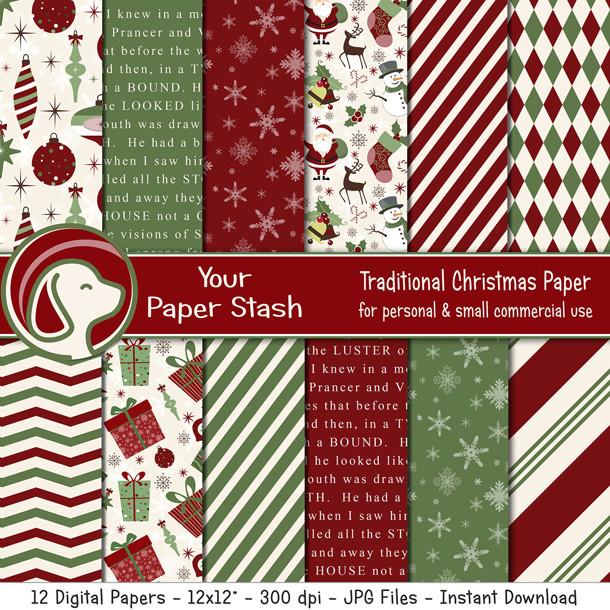 Traditional Christmas Digital Scrapbook Paper Pack