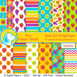 frutti tutti digital scrapbook paper backgrounds, kawaii fruit fruity seamless digital paper pack patterns with grapes apples oranges banana pineapple lemons limes