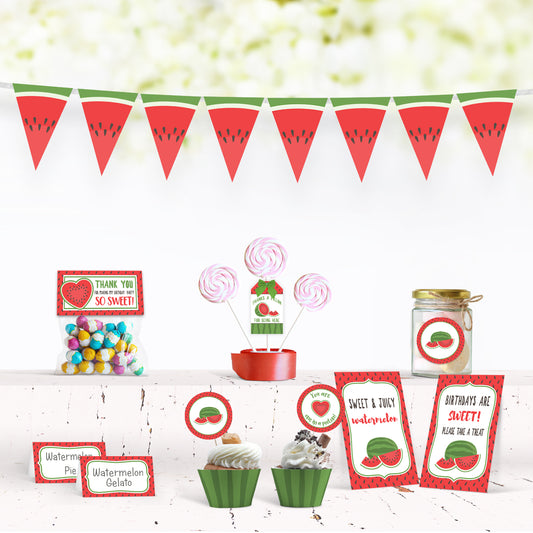 printable watermelon summer birthday party decorations banner bunting cupcake wrapper topper treat bag toppers thank you bags gift tags watermelon signs