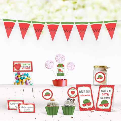 printable watermelon summer birthday party decorations banner bunting cupcake wrapper topper treat bag toppers thank you bags gift tags watermelon signs